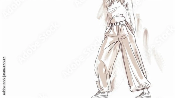 Obraz Minimalist pencil sketch of young woman in crop top and loose pants on white background