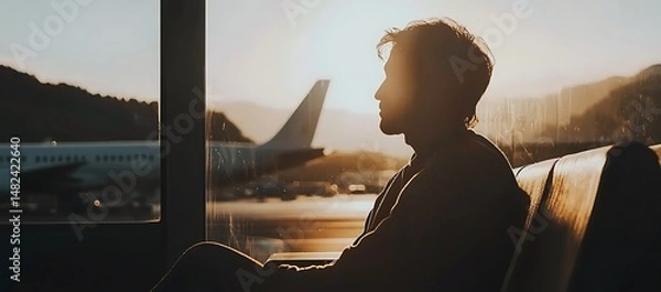 Obraz Silhouetted Man Contemplating Departure at Sunset Airport