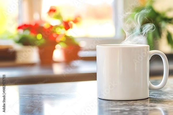 Obraz Steaming Mug on Kitchen Counter with Blurred Background