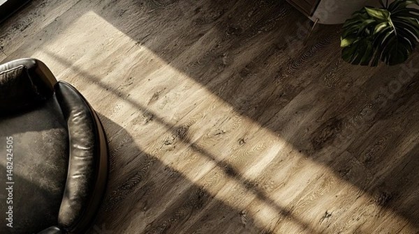 Obraz Sunlight Streams Across Textured Wood Floor, Highlighting a Mode
