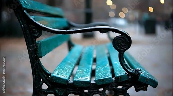 Obraz Wet Teal Bench with Black Detailing and Bokeh Lights in Backgrou