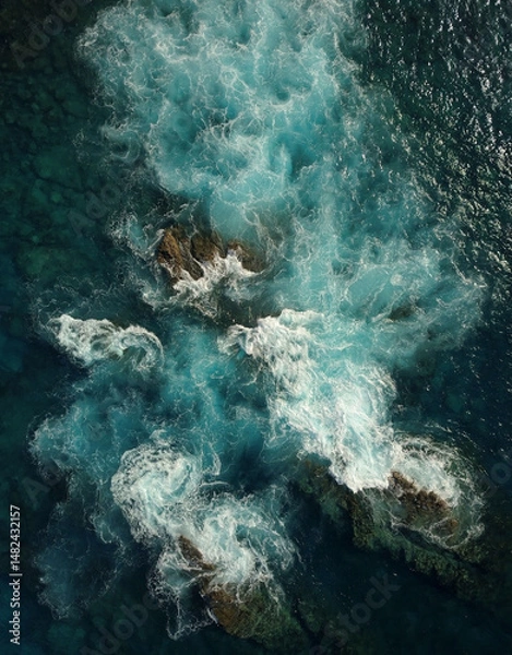 Obraz Aerial View of the Sea and Waves. The vast ocean stretches endlessly, with waves. Nature, tranquility, and adventure.	