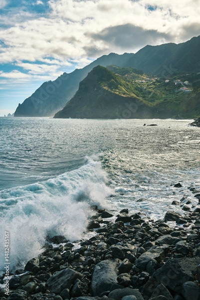Obraz Rocky Coast of Madeira with Powerful Ocean Waves. Nature's raw beauty. Landscapes and endless sea views for adventure, serenity