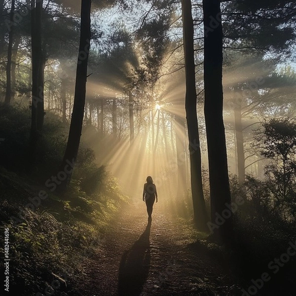 Fototapeta Morning sunlight breaks through trees in forest as person walks along path surrounded by mist and nature's tranquility