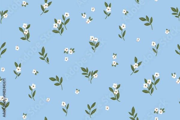 Fototapeta Seamless floral pattern, liberty ditsy print in romantic country motif. Cute botanical design of small hand drawn plants, tiny white flowers, mini leaves abstractly on blue field. Vector illustration.