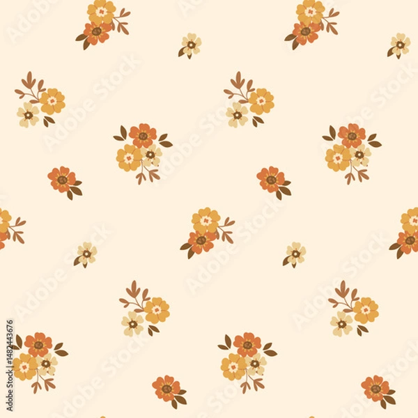 Fototapeta Seamless floral pattern, decorative art folk style ditsy print in autumn colors. Cute botanical design of small hand drawn daisy flowers, tiny leaves, simple bouquets on yellow. Vector illustration.