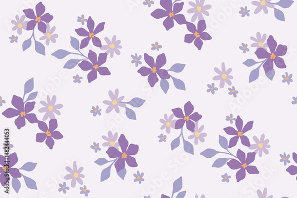 Fototapeta Seamless floral pattern, liberty ditsy print in romantic delicate colors. Pretty botanical design of small hand drawn purple flowers, tiny leaves, simple bouquets on light field. Vector illustration.