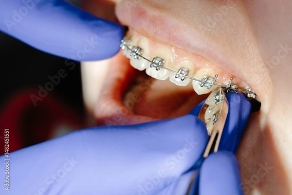 Fototapeta Dentist installing braces on patient's teeth using specialized tools