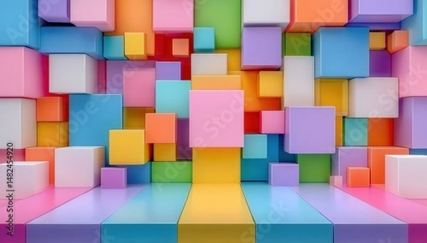 Fototapeta A vibrant 3D wall and floor made of colorful cubes arranged in a geometric, abstract pattern.