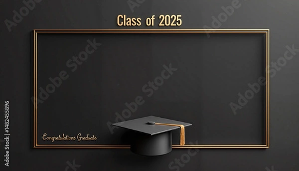 Fototapeta Sleek black graduation photo frame template with "Class of 2025" text in gold and mortarboard cap, minimalist design, celebration of achievement.
