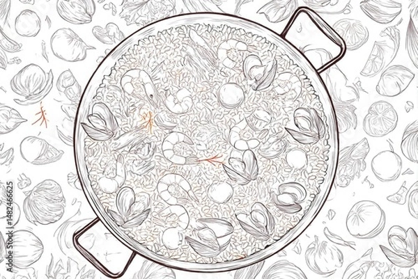Obraz Paella Delight Seafood Rice Sketch with Mediterranean Flair in Detailed Line Art.