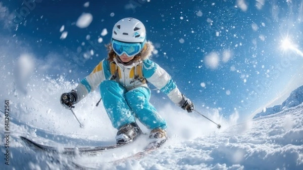 Fototapeta Young Skier in Teal Suit Skiing Down Snowy Mountain Slope