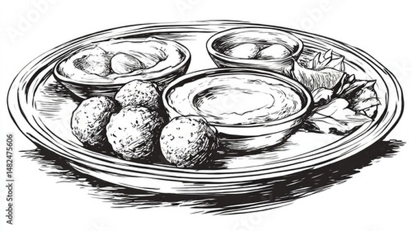 Obraz Falafel Feast Sketch of Middle Eastern Appetizers on a Plate.