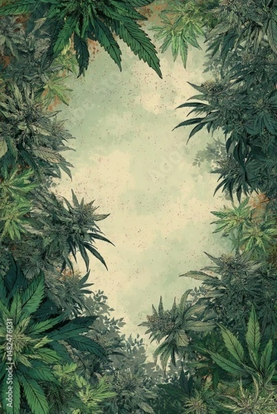 Fototapeta Description: Creative menu design with biggest blank center space framed by cannabis buds border in soft pastel green-orange tones for eye-catching appeal.