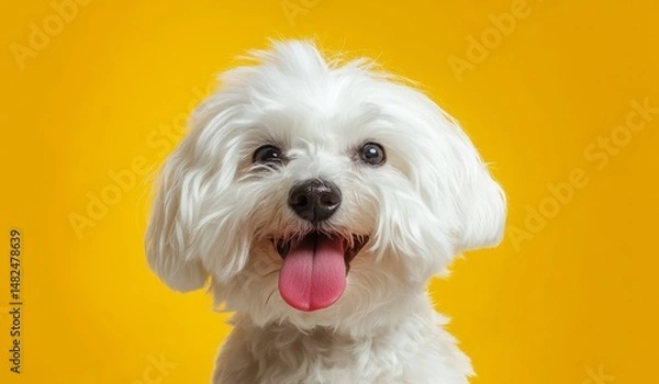 Fototapeta White Fluffy Dog with Pink Tongue on Yellow Background