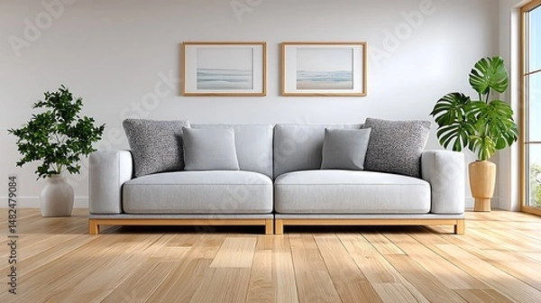 Fototapeta Modern Watercolor Studio Mockup with Cozy Couch in Bright Interior Setting