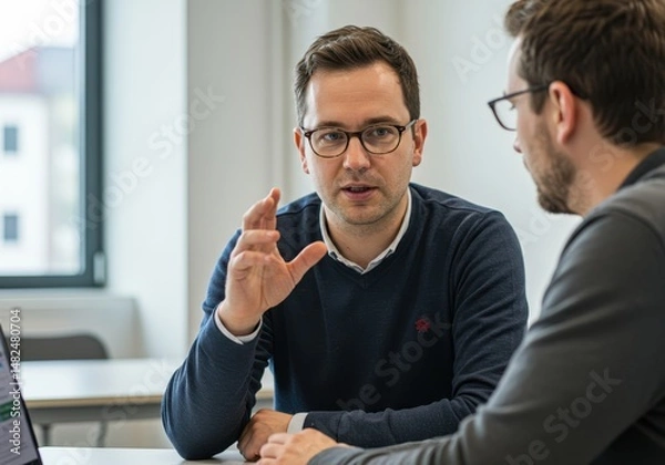 Fototapeta Two men are having a discussion at a table in an office setting near a window