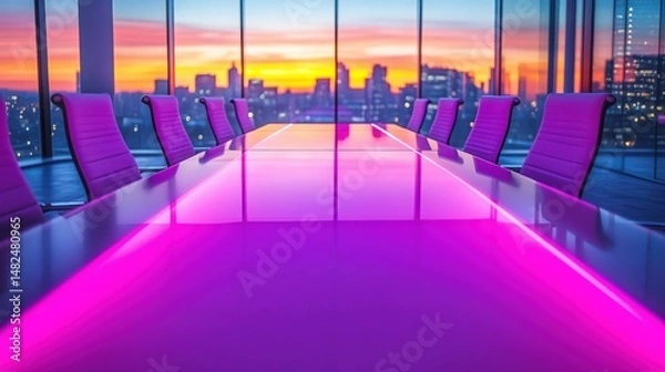 Obraz Modern Conference Room with City View at Dusk and Neon Lighting