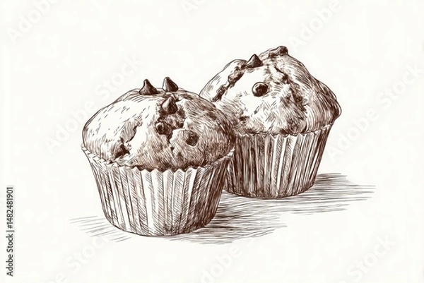 Obraz Two Chocolate Chip Muffins Sketchy Delight on White.