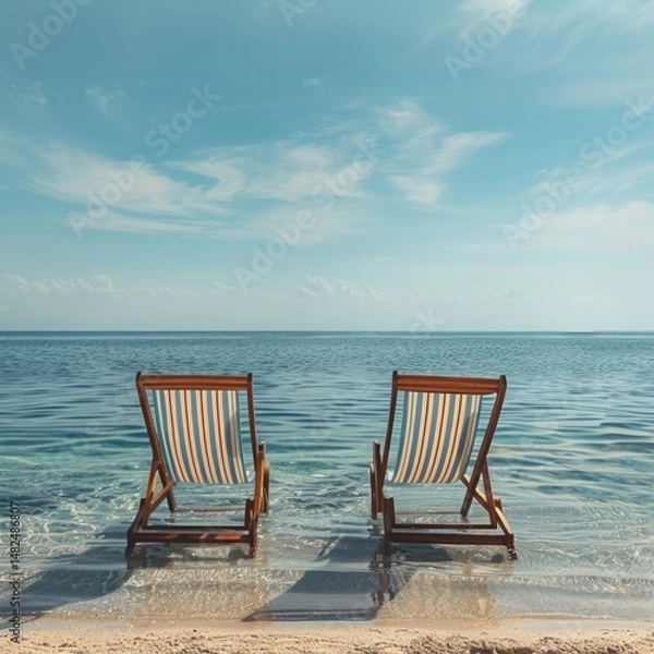 Obraz Chic beach chairs made of teak wood with striped cushions, facing an endless horizon of calm, glassy waters under a pale sky.