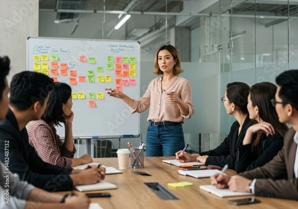 Fototapeta A woman presents ideas on a whiteboard to a group of colleagues in a meeting