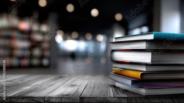 Fototapeta Stack of Books on Wooden Table in Modern Library
