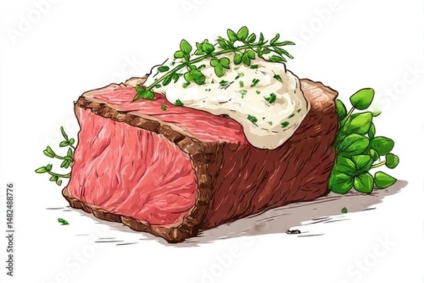 Obraz Delicious Steak Cartoon Gourmet with Juicy, and Topped with Cream and Herbs.
