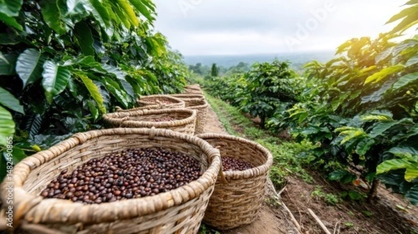 Fototapeta  Freshly Harvested Coffee Beans in Baskets on Plantation Field