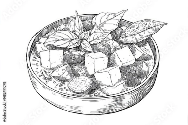 Obraz Tofu Bowl Sketch Vegan Delight in HandDrawn Style.