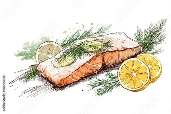 Obraz Salmon Sketch Grilled Fish with Lemon Slices  Dill, and Culinary Illustration.