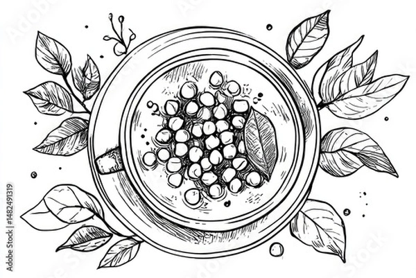 Obraz Pea Soup Sketch Top View Bowl surrounded by Leaves Healthy food.