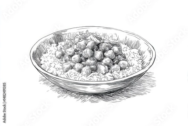 Obraz Chickpea  Rice Sketch Simple Bowl with White Background, and Tasty Meal.