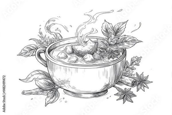Obraz Spiced Cider Sketch Cozy Drink Illustration with Star Anise.