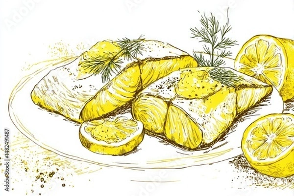 Obraz Golden Grilled Fish with Lemon  Dill HandDrawn Culinary Art.