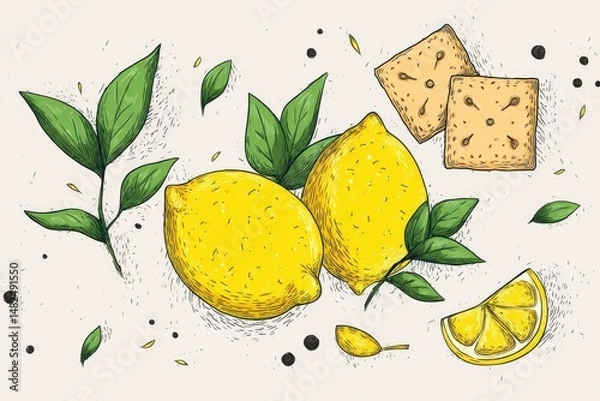 Obraz Fresh Lemon  Cracker Sketch Bright with Summery, and and Appetizing Design.