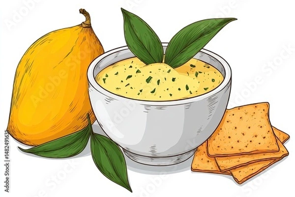 Obraz Lucuma Dip Creamy dessert with tropical fruit and crackers.