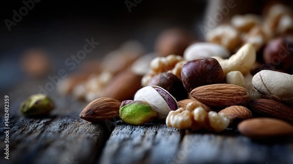 Fototapeta Assorted Mixed Nuts on Rustic Wooden Surface