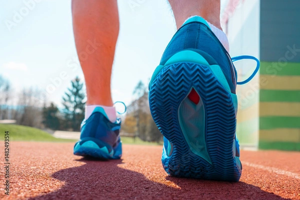 Obraz Close-up of male runner’s feet in athletic sneakers, captured in ready-to-run position. The athlete is preparing jog on outdoor surface, determination, active lifestyle. Fitness, sports motivation