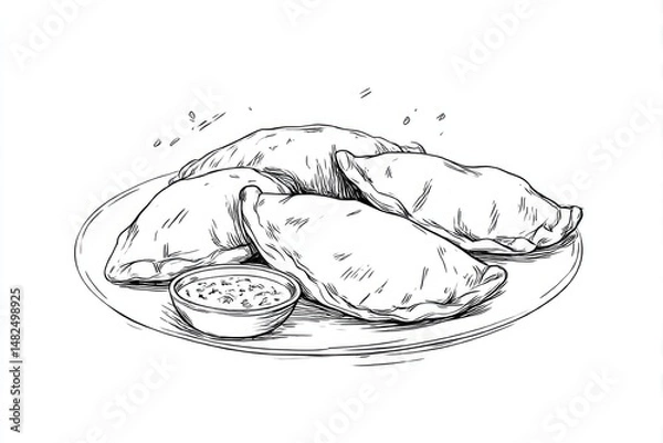 Obraz Empanadas Line Art Savory Delight on a Plate with White Background.
