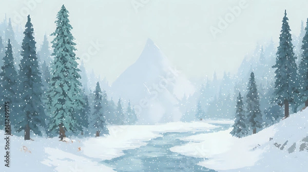 Obraz A snowy pixelated mountain landscape with tall fir trees covered in heavy snow. A frozen river cuts through the valley, with icy textures glimmering under a pale sky. Tiny animal tracks cross the