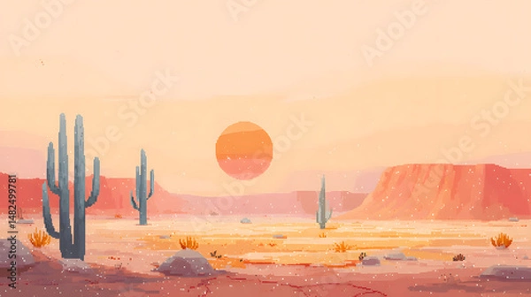 Obraz A digital desert landscape made in pixel art, with towering cacti, scattered stones, and a cracked dry ground stretching into the distance. The orange sun hangs low over sand dunes, and the sky