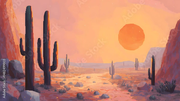 Obraz A digital desert landscape made in pixel art, with towering cacti, scattered stones, and a cracked dry ground stretching into the distance. The orange sun hangs low over sand dunes, and the sky
