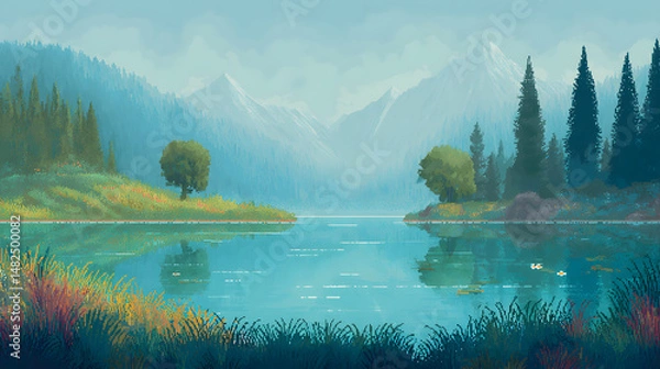 Obraz A peaceful lakeside setting in pixel art style, with a shimmering water surface reflecting a pixelated mountain range. Surrounding the lake are tall pine trees, grass patches, and flowers swaying