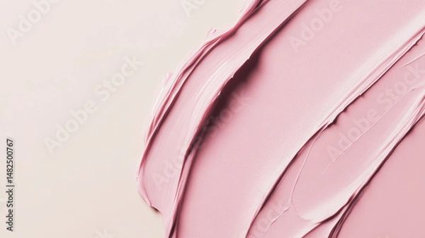 Fototapeta Close-up of smooth pink cosmetic cream or makeup foundation smeared on a soft beige background. Generative AI