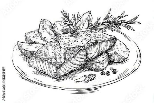 Obraz Grilled Salmon Sketch Delicious meal with potatoes and herbs on a plate.
