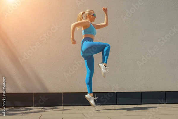 Obraz Active Middle-Aged Woman Jogging and Stretching Outdoors on a Sunny Day, Healthy 40-year-old woman doing warm-up and jogging exercises outdoors in sunny weather. Active lifestyle, fitness, wellness.
