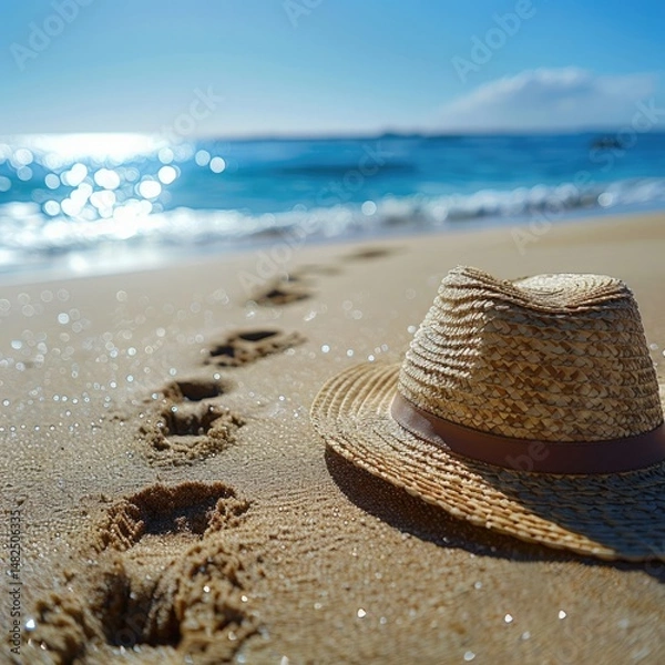 Obraz Close-up of a sun-bleached straw hat on a sandy beach with footprints leading into the horizon, the ocean sparkling in the background.