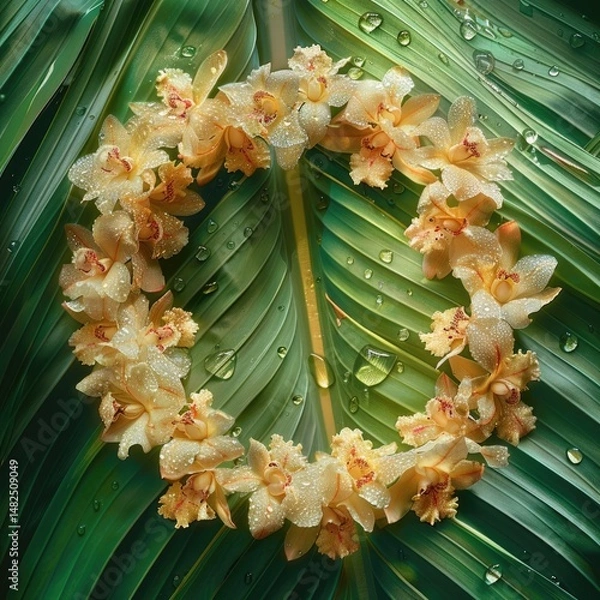 Obraz Close-up of an intricate flower lei made of orchids and plumeria, lying on green banana leaves with dewdrops shimmering.