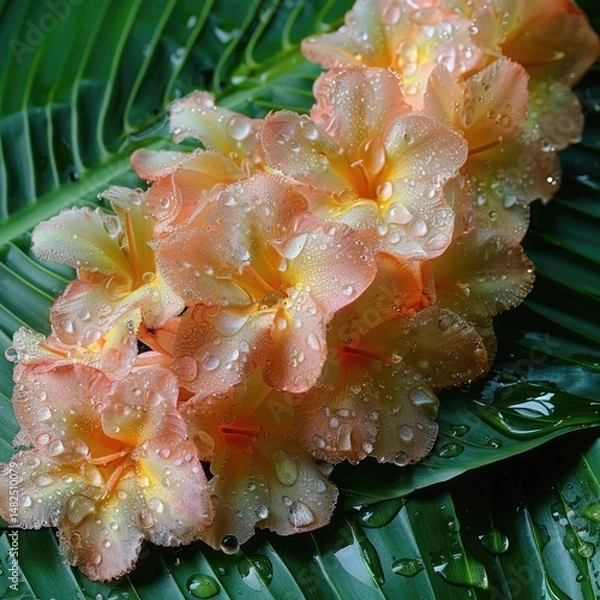 Obraz Close-up of an intricate flower lei made of orchids and plumeria, lying on green banana leaves with dewdrops shimmering.