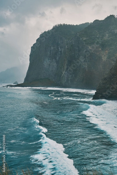 Obraz Rocky Coast of Madeira with Powerful Ocean Waves. Nature's raw beauty. Landscapes and endless sea views for adventure, serenity